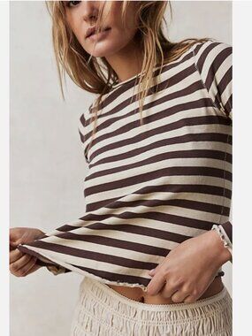 Free People French Roast Stripe Long Sleeve Lettuce Hem Be My Baby Cotton Tee